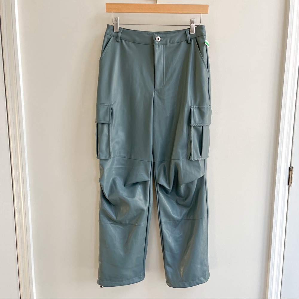 [avec les filles] faux leather adjustable hem cargo pants or joggers blue
